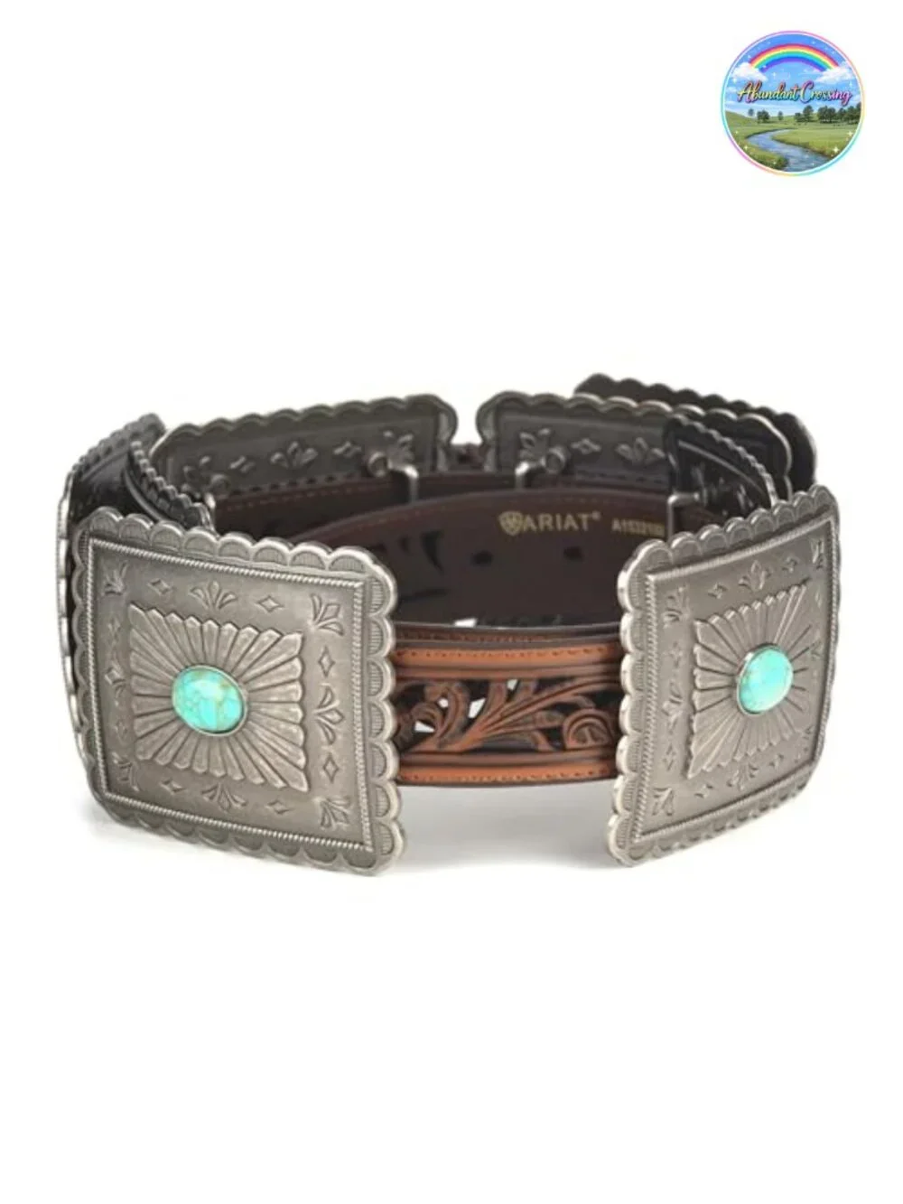 Women's Leather Western Belt with Concho Accents and Turquoise Stone Center